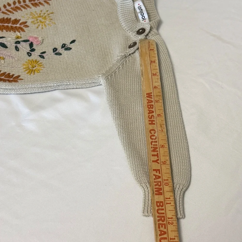 Lamgool Kids Beige Knit Floral‎ Embroidered Sweater Shoulder Buttons Long Sleeve